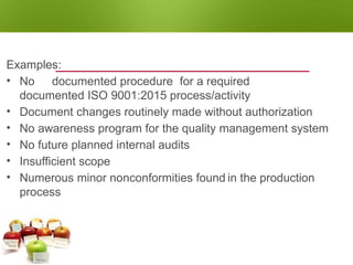 NONCONFORMITY - MAJOR
Examples:
• No documented procedure for a required
documented ISO 9001:2015 process/activity
• Document changes routinely made without authorization
• No awareness program for the quality management system
• No future planned internal audits
• Insufficient scope
• Numerous minor nonconformities found in the production
process
 