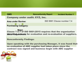 NONCONFORMITY
GOOD REPORT EXAMPLES
QMS Nonconformity Report Incident Number:1
Company under audit: XYZ, Inc.
Area under Review:
Purchasing Category:
Major
Minor Requirement:
ISO 9001 Clause number 7.4
Clause 7.4.1 of ISO 9001:2015 requires that the organization
establish criteria for evaluation and re-evaluation of suppliers.
Nonconformity Findings:
Upon speaking with the purchasing Manager, it was found that
no evaluation of ABC supplier had taken place since the
contract was signed and business begin with ABC supplier
 