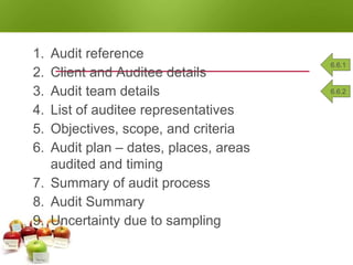 AUDIT REPORT
PREPARE, APPROVE & DISTRIBUTE
1. Audit reference
2. Client and Auditee details
3. Audit team details
4. List of auditee representatives
5. Objectives, scope, and criteria
6. Audit plan – dates, places, areas
audited and timing
7. Summary of audit process
8. Audit Summary
9. Uncertainty due to sampling
6.6.1
6.6.2
 
