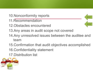 AUDIT REPORT
PREPARE, APPROVE & DISTRIBUTE
10.Nonconformity reports
11.Recommendation
12.Obstacles encountered
13.Any areas in audit scope not covered
14.Any unresolved issues between the auditee and
team
15.Confirmation that audit objectives accomplished
16.Confidentiality statement
17.Distribution list
6.6.1
6.6.2
 