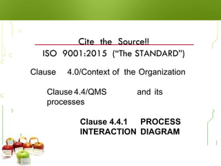 Cite the Source!!
ISO 9001:2015 (“The STANDARD”)
• Clause 4.0/Context of the Organization
• Clause 4.4/QMS and its
processes
• Clause 4.4.1 PROCESS
INTERACTION DIAGRAM
 