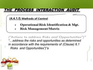 THE PROCESS INTERACTION AUDIT
“…address the risks and opportunities as determined
in accordance with the requirements of (Clause) 6.1
Risks and Opportunities”)”a
 