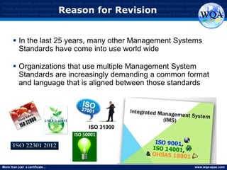 More than just a certificate… www.wqa-apac.com
Worldwide Quality Assurance Worldwide Quality Assurance Worldwide Quality Assurance Worldwide Quality Assurance Worldwide Qu
Quality Assurance Worldwide Quality Assurance Worldwide Quality Assurance Worldwide Quality Assurance Worldwide Quality Assura
Assurance Worldwide Quality Assurance Worldwide Quality Assurance Worldwide Quality Assurance Worldwide Quality Assurance
Reason for Revision
 In the last 25 years, many other Management Systems
Standards have come into use world wide
 Organizations that use multiple Management System
Standards are increasingly demanding a common format
and language that is aligned between those standards
 
