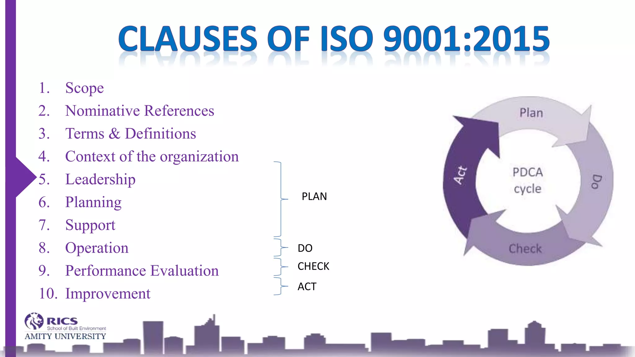1. Scope
2. Nominative References
3. Terms & Definitions
4. Context of the organization
5. Leadership
6. Planning
7. Support
8. Operation
9. Performance Evaluation
10. Improvement
PLAN
DO
CHECK
ACT
 