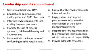 Leadership and its commitment
1. Take accountability for QMS
2. Establish and communicate the
quality policy and QMS objectives
3. Integrate QMS requirements into
existing business processes
4. Promote the use of process
approach, risk-based thinking and
improvement
5. Communicate the importance of
conforming to QMS requirements
NURI CONSULTING & SERVICES www.iso9001consultant.org ismail@iso9001consultant.org
6. Ensure that the QMS achieves its
intended results
7. Engage, direct and support
persons to contribute to the
effectiveness of the quality
management system
8. Support other management roles
to demonstrate their leadership
within their areas of responsibility
9. Provide adequate resources
 