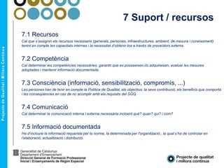7 Suport / recursos
7.1 Recursos
Cal que s’assignin els recursos necessaris (generals, persones, infraestructures, ambient, de mesura i coneixement)
tenint en compte les capacitats internes i la necessitat d’obtenir-los a través de proveïdors externs.
7.2 Competència
Cal determinar les competències necessàries, garantir que es posseeixen i/o adquireixen, avaluar les mesures
adoptades i mantenir informació documentada.
7.3 Consciència (informació, sensibilització, compromís, ...)
Les persones han de tenir en compte la Política de Qualitat, els objectius, la seva contribució, els beneficis que comporta
i les conseqüències en cas de no acomplir amb els requisits del SGQ.
7.4 Comunicació
Cal determinar la comunicació interna i externa necessària incloent què? quan? qui? i com?
7.5 Informació documentada
Ha d’incloure la informació requerida per la norma, la determinada per l'organització., la qual s’ha de controlar en
l’elaboració, actualització i distribució.
 
