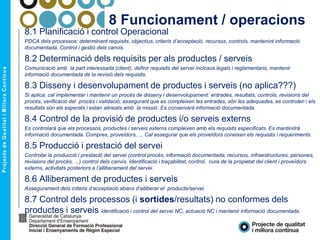 8 Funcionament / operacions
8.1 Planificació i control Operacional
PDCA dels processos: determinant requisits, objectius, criteris d’acceptació, recursos, controls, mantenint informació
documentada. Control i gestió dels canvis.
8.2 Determinació dels requisits per als productes / serveis
Comunicació amb la part interessada (client), definir requisits del servei inclosos legals i reglamentaris, mantenir
informació documentada de la revisió dels requisits.
8.3 Disseny i desenvolupament de productes i serveis (no aplica???)
Si aplica, cal implementar i mantenir un procés de disseny i desenvolupament: entrades, resultats, controls, revisions del
procés, verificació del procés i validació; assegurant que es compleixen les entrades, són les adequades, es controlen i els
resultats són els esperats i estan alineats amb la missió. Es conservarà informació documentada.
8.4 Control de la provisió de productes i/o serveis externs
Es controlarà que els processos, productes i serveis externs compleixen amb els requisits especificats. Es mantindrà
informació documentada. Compres, proveïdors, ... Cal assegurar que els proveïdors coneixen els requisits i requeriments.
8.5 Producció i prestació del servei
Controlar la producció i prestació del servei (control procés, informació documentada, recursos, infraestructures, persones,
revisions del procés, ...) control dels canvis, Identificació i traçabilitat, control, cura de la propietat del client i proveïdors
externs, activitats posteriors a l’alliberament del servei.
8.6 Alliberament de productes i serveis
Assegurament dels criteris d’acceptació abans d’alliberar el producte/servei.
8.7 Control dels processos (i sortides/resultats) no conformes dels
productes i serveis identificació i control del servei NC, actuació NC i mantenir informació documentada.
 