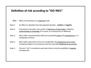 Definition of risk according to “ISO 9001”
Risk = Effect of uncertainty on an expected result
Note 1: An effect is a deviation from the expected situation – positive or negative.
Note 2: Uncertainty is the state, even partial, of deficiency of information, related to
understanding or knowledge of an event, its consequences or likelihood.
Note 3: Risk is often characterised by reference to potential events and consequences, or a
combination of these.
Note 4: Risk is often expressed in terms of a combination of consequences of an event
(including changes in circumstances) and the associated likelihood of occurrence.
Note 5: The term “risk” is sometimes used when there is only the possibility of negative
consequences.
 