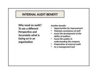 INTERNAL AUDIT BENEFIT
Why need an audit?
To see a different
Perspective and
Accurately what is
Going on in an
organization
Another benefit:
• Opportunities for improvement
• Maintain consistency of staff
• Assist the development of the
ability of auditors
• Assist the auditor in
understanding the company
• Preparation of external audit
• As a management tool
 