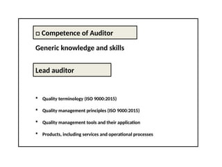 □ Competence of Auditor
Generic knowledge and skills
Lead auditor
 Quality terminology (ISO 9000:2015)
 Quality management principles (ISO 9000:2015)
 Quality management tools and their application
 Products, including services and operational processes
 