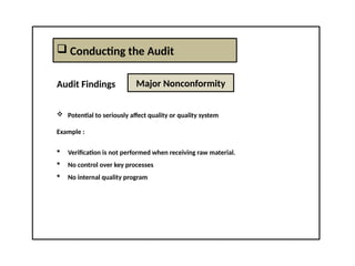  Conducting the Audit
Audit Findings
 Potential to seriously affect quality or quality system
Example :
 Verification is not performed when receiving raw material.
 No control over key processes
 No internal quality program
Major Nonconformity
 