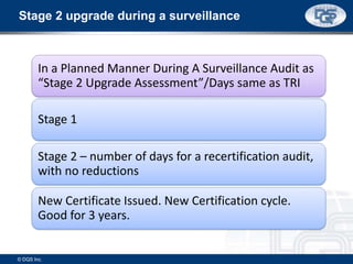 In a Planned Manner During A Surveillance Audit as
“Stage 2 Upgrade Assessment”/Days same as TRI
Stage 1
Stage 2 – number of days for a recertification audit,
with no reductions
New Certificate Issued. New Certification cycle.
Good for 3 years.
Stage 2 upgrade during a surveillance
© DQS Inc.
 