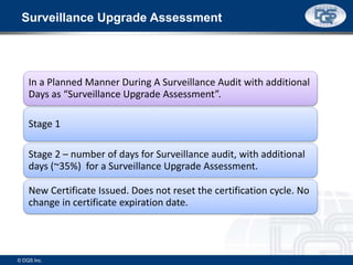 In a Planned Manner During A Surveillance Audit with additional
Days as “Surveillance Upgrade Assessment”.
Stage 1
Stage 2 – number of days for Surveillance audit, with additional
days (~35%) for a Surveillance Upgrade Assessment.
New Certificate Issued. Does not reset the certification cycle. No
change in certificate expiration date.
Surveillance Upgrade Assessment
© DQS Inc.
 