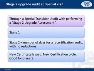Through a Special Transition Audit with performing
a “Stage 2 Upgrade Assessment”.
Stage 1
Stage 2 – number of days for a recertification audit,
with no reductions
New Certificate Issued. New Certification cycle.
Good for 3 years.
Stage 2 upgrade audit at Special visit
© DQS Inc.
 