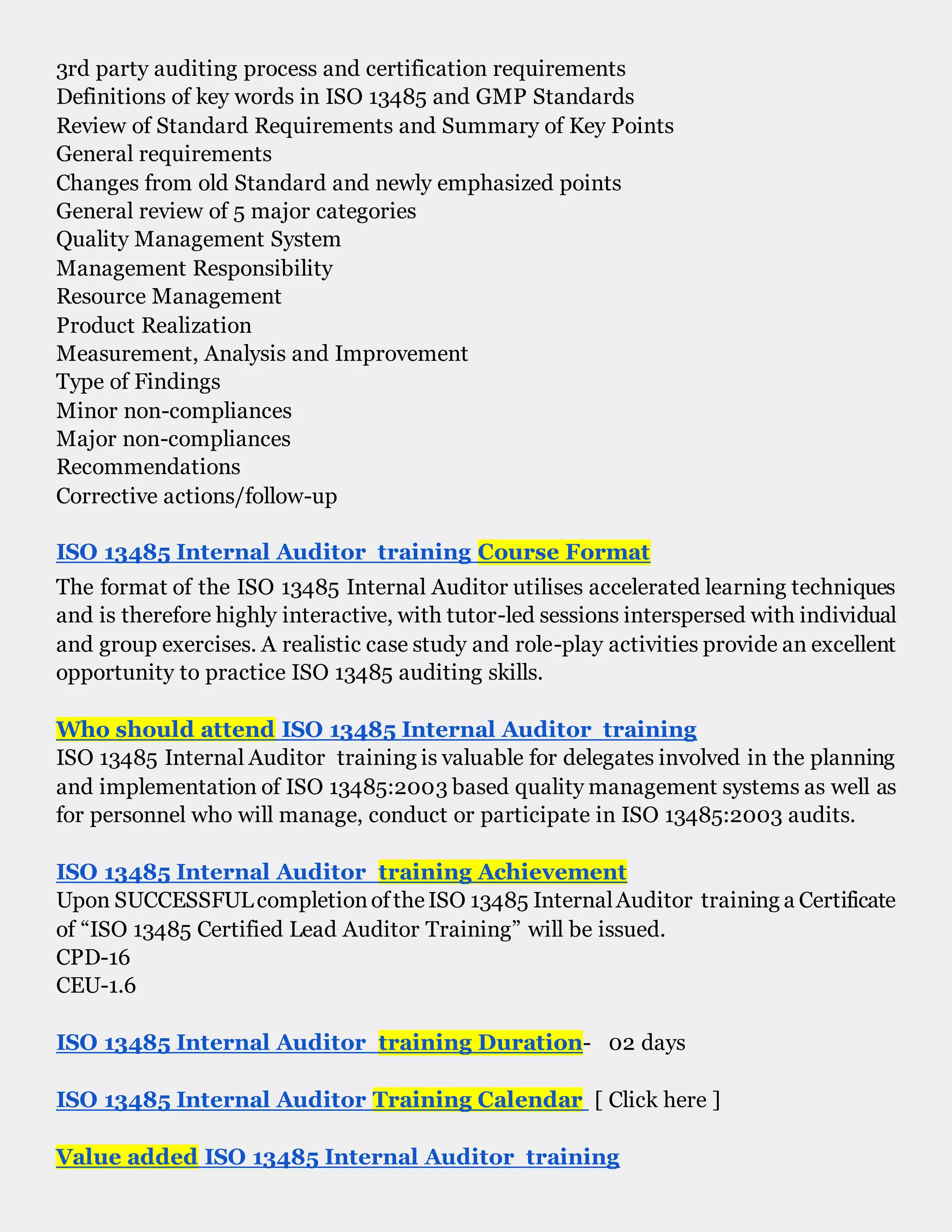 ISO 13485 training | ISO 13485 Internal Auditor Training | DOCX