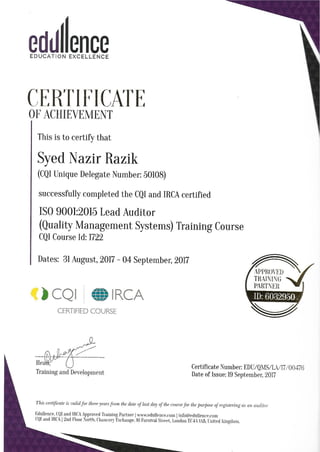 Lead Auditor for ISO9001:2015 Certificate
