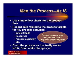Map the Process--As IS

 • Use simple flow charts for the process
   flow
 • Record data related to the process targets
   for key process activities
       –   Defect trends
       –   Resources              Process maps are more
                                   than just flow charts:
       –   Process capability   they are supported by data
       –   Etc.
 • Chart the process as it actually works
   NOW, Don’t make changes yet
© 2006 Jack West
All Rights Reserved
 
