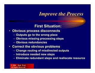Improve the Process

                       First Situation:
• Obvious process disconnects
    – Outputs go to the wrong place
    – Obvious missing processing steps
    – Obvious redundancies
• Correct the obvious problems
    – Change routing of misdirected outputs
    – Introduce needed new steps
    – Eliminate redundant steps and reallocate resource

 © 2006 Jack West
 All Rights Reserved
 