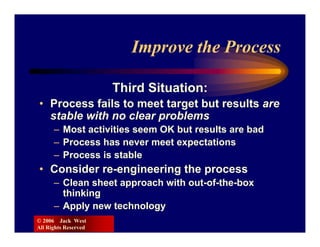 Improve the Process

                      Third Situation:
• Process fails to meet target but results are
  stable with no clear problems
      – Most activities seem OK but results are bad
      – Process has never meet expectations
      – Process is stable
• Consider re-engineering the process
      – Clean sheet approach with out-of-the-box
        thinking
      – Apply new technology
© 2006 Jack West
All Rights Reserved
 