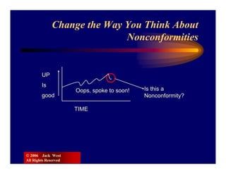 Change the Way You Think About
                             Nonconformities


        UP
        Is
                      Oops, spoke to soon!   Is this a
        good                                 Nonconformity?

                      TIME




© 2006 Jack West
All Rights Reserved
 