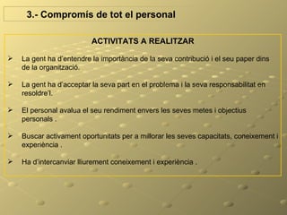 3.- Compromís de tot el personal

                          ACTIVITATS A REALITZAR

   La gent ha d’entendre la importància de la seva contribució i el seu paper dins
    de la organització.

   La gent ha d’acceptar la seva part en el problema i la seva responsabilitat en
    resoldre’l.

   El personal avalua el seu rendiment envers les seves metes i objectius
    personals .

   Buscar activament oportunitats per a millorar les seves capacitats, coneixement i
    experiència .

   Ha d’intercanviar lliurement coneixement i experiència .
 