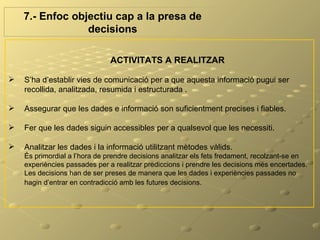 7.- Enfoc objectiu cap a la presa de
                 decisions

                               ACTIVITATS A REALITZAR

   S’ha d’establir vies de comunicació per a que aquesta informació pugui ser
    recollida, analitzada, resumida i estructurada .

   Assegurar que les dades e informació son suficientment precises i fiables.

   Fer que les dades siguin accessibles per a qualsevol que les necessiti.

   Analitzar les dades i la informació utilitzant mètodes vàlids.
    És primordial a l’hora de prendre decisions analitzar els fets fredament, recolzant-se en
    experiències passades per a realitzar prediccions i prendre les decisions més encertades.
    Les decisions han de ser preses de manera que les dades i experiències passades no
    hagin d’entrar en contradicció amb les futures decisions.
 