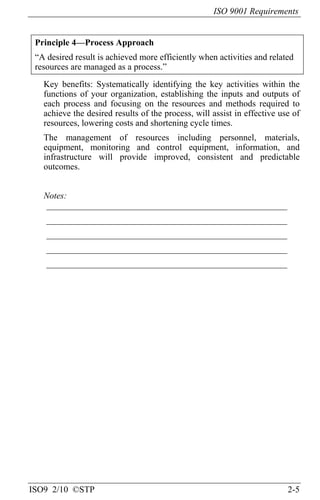 ISO 9001 Requirements
ISO9 2/10 ©STP 2-5
Principle 4—Process Approach
“A desired result is achieved more efficiently when activities and related
resources are managed as a process.”
Key benefits: Systematically identifying the key activities within the
functions of your organization, establishing the inputs and outputs of
each process and focusing on the resources and methods required to
achieve the desired results of the process, will assist in effective use of
resources, lowering costs and shortening cycle times.
The management of resources including personnel, materials,
equipment, monitoring and control equipment, information, and
infrastructure will provide improved, consistent and predictable
outcomes.
Notes:
______________________________________________________
______________________________________________________
______________________________________________________
______________________________________________________
______________________________________________________
 