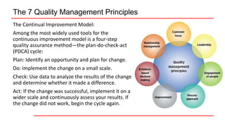 The 7 Quality Management Principles
The Continual Improvement Model:
Among the most widely used tools for the
continuous improvement model is a four-step
quality assurance method—the plan-do-check-act
(PDCA) cycle:
Plan: Identify an opportunity and plan for change.
Do: Implement the change on a small scale.
Check: Use data to analyze the results of the change
and determine whether it made a difference.
Act: If the change was successful, implement it on a
wider scale and continuously assess your results. If
the change did not work, begin the cycle again.
 