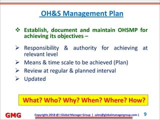 Future Development Services Co. Ltd.| devang@fdserv.com | M: +91-98250 31523 9Copyrights 2018 @ I Global Manager Group | sales@globalmanagergroup.com | 9GMG
 Establish, document and maintain OHSMP for
achieving its objectives –
 Responsibility & authority for achieving at
relevant level
 Means & time scale to be achieved (Plan)
 Review at regular & planned interval
 Updated
What? Who? Why? When? Where? How?
OH&S Management Plan
 