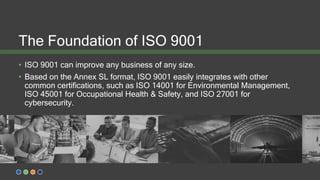 The Foundation of ISO 9001
• ISO 9001 can improve any business of any size.
• Based on the Annex SL format, ISO 9001 easily integrates with other
common certifications, such as ISO 14001 for Environmental Management,
ISO 45001 for Occupational Health & Safety, and ISO 27001 for
cybersecurity.
 