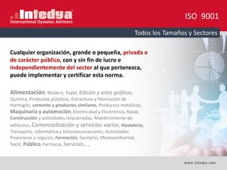 Cualquier organización, grande o pequeña, privada o
de carácter público, con y sin fin de lucro e
independientemente del sector al que pertenezca,
puede implementar y certificar esta norma.
Alimentación, Madera, Papel, Edición y artes gráficas,
Química, Productos plásticos, Extractivas y fabricación de
hormigón, cemento y productos similares, Productos metálicos,
Maquinaria y automoción, Electricidad y Electrónica, Naval,
Construcción y actividades relacionadas, Mantenimiento de
vehículos, Comercialización y servicios varios, Hostelería,
Transporte, Informática y telecomunicaciones, Actividades
financieras y seguros, Formación, Sanitario, Medioambiental,
Textil, Público, Farmacia, Servicios,…,
ISO 9001
Todos los Tamaños y Sectores
 