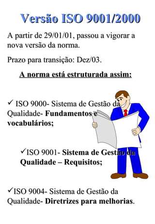 Versão ISO 9001/2000 A partir de 29/01/01, passou a vigorar a nova versão da norma. Prazo para transição: Dez/03. A norma está estruturada assim: ISO 9000- Sistema de Gestão da Qualidade-  Fundamentos e vocabulários; ISO 9001-  Sistema de Gestão da   Qualidade – Requisitos; ISO 9004- Sistema de Gestão da Qualidade-  Diretrizes para melhorias . 