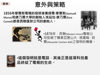 意外與策略
•1876年，西聯(Western Union)電報公
司拒絕了購買亞歷山大 · 格雷翰 · 貝
爾(Alexander GraHam Bell)之發明的機會。
1856年摩爾斯電碼的發明者賽繆爾‧摩爾斯(Samuell
Morse)和康乃爾大學的創始人埃茲拉‧康乃爾(Ezra
Cornell)都是西聯匯款公司的創始人。
•這個發明就是電話，其後正是這項科技產
品終結了電報的生命。
案例
 
