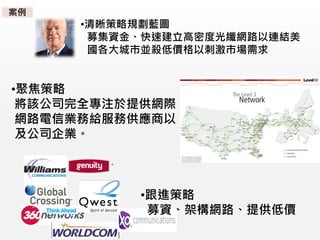 •清晰策略規劃藍圖
募集資金、快速建立高密度光纖網路以連結美
國各大城市並殺低價格以刺激市場需求
•聚焦策略
將該公司完全專注於提供網際
網路電信業務給服務供應商以
及公司企業。
•跟進策略
募資、架構網路、提供低價
案例
 