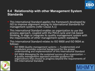 0.4 Relationship with other Management System
Standards
 This International Standard applies the framework developed by
ISO to improve alignment among its International Standards for
management systems (refer Clause A.1)
 This International Standard enables an organization to use the
process approach, coupled with the PDCA cycle and risk-based
thinking, to align or integrate its quality management system with
the requirements of other management system standards
 This International Standard relates to ISO 9000 and ISO 9004 as
follows:
• ISO 9000 Quality management systems — Fundamentals and
vocabulary provides essential background for the proper
understanding and implementation of this International Standard
• ISO 9004 Managing for the sustained success of an organization —
A quality management approach provides guidance for
organizations that choose to progress beyond the requirements of
this International Standard
 