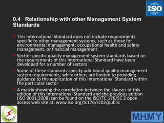 0.4 Relationship with other Management System
Standards
 This International Standard does not include requirements
specific to other management systems, such as those for
environmental management, occupational health and safety
management, or financial management
 Sector-specific quality management system standards based on
the requirements of this International Standard have been
developed for a number of sectors
 Some of these standards specify additional quality management
system requirements, while others are limited to providing
guidance to the application of this International Standard within
the particular sector
 A matrix showing the correlation between the clauses of this
edition of this International Standard and the previous edition
(ISO 9001:2008) can be found on the ISO/TC 176/SC 2 open
access web site at: www.iso.org/tc176/sc02/public
 