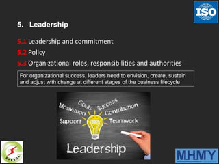 5. Leadership
5.1 Leadership and commitment
5.2 Policy
5.3 Organizational roles, responsibilities and authorities
For organizational success, leaders need to envision, create, sustain
and adjust with change at different stages of the business lifecycle
 