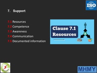 7. Support
7.1 Resources
7.2 Competence
7.3 Awareness
7.4 Communication
7.5 Documented information
 