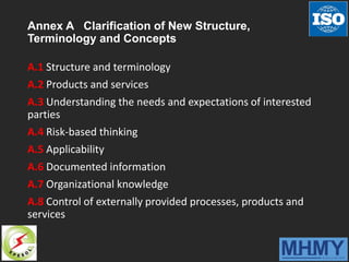 Annex A Clarification of New Structure,
Terminology and Concepts
A.1 Structure and terminology
A.2 Products and services
A.3 Understanding the needs and expectations of interested
parties
A.4 Risk-based thinking
A.5 Applicability
A.6 Documented information
A.7 Organizational knowledge
A.8 Control of externally provided processes, products and
services
 