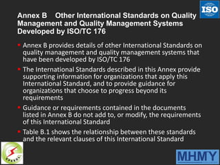 Annex B Other International Standards on Quality
Management and Quality Management Systems
Developed by ISO/TC 176
 Annex B provides details of other International Standards on
quality management and quality management systems that
have been developed by ISO/TC 176
 The International Standards described in this Annex provide
supporting information for organizations that apply this
International Standard, and to provide guidance for
organizations that choose to progress beyond its
requirements
 Guidance or requirements contained in the documents
listed in Annex B do not add to, or modify, the requirements
of this International Standard
 Table B.1 shows the relationship between these standards
and the relevant clauses of this International Standard
 