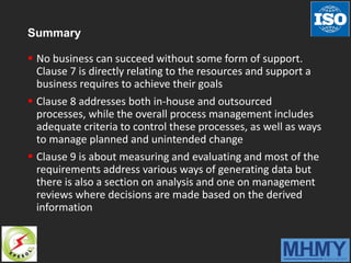 Summary
 No business can succeed without some form of support.
Clause 7 is directly relating to the resources and support a
business requires to achieve their goals
 Clause 8 addresses both in-house and outsourced
processes, while the overall process management includes
adequate criteria to control these processes, as well as ways
to manage planned and unintended change
 Clause 9 is about measuring and evaluating and most of the
requirements address various ways of generating data but
there is also a section on analysis and one on management
reviews where decisions are made based on the derived
information
 