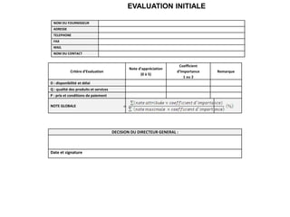 EVALUATION INITIALE
NOM DU FOURNISSEUR
ADRESSE
TELEPHONE
FAX
MAIL
NOM DU CONTACT
Critère d’Evaluation
Note d’appréciation
(0 à 5)
Coefficient
d’Importance
1 ou 2
Remarque
D : disponibilité et délai
Q : qualité des produits et services
P : prix et conditions de paiement
NOTE GLOBALE
DECISION DU DIRECTEUR GENERAL :
Date et signature
 