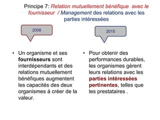 Principe 7: Relation mutuellement bénéfique avec le
fournisseur / Management des relations avec les
parties intéressées
• Un organisme et ses
fournisseurs sont
interdépendants et des
relations mutuellement
bénéfiques augmentent
les capacités des deux
organismes à créer de la
valeur.
• Pour obtenir des
performances durables,
les organismes gèrent
leurs relations avec les
parties intéressées
pertinentes, telles que
les prestataires .
2015
2008
 