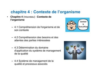chapitre 4 : Contexte de l’organisme
• Chapitre 4 (nouveau) : Contexte de
l'organisme
– 4.1 Compréhension de l'organisme et de
son contexte
– 4.2 Compréhension des besoins et des
attentes des parties intéressées
– 4.3 Détermination du domaine
d'application du système de management
de la qualité
– 4.4 Système de management de la
qualité et processus associés
 