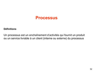52
Processus
Définitions
Un processus est un enchaînement d’activités qui fournit un produit
ou un service livrable à un client (interne ou externe) du processus
 