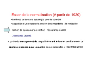 Essor de la normalisation (A partir de 1920)
• Méthode de contrôle statistique pour le contrôle
• Apparition d’une notion de plus en plus importante : la rentabilité
Notion de qualité par prévention : l’assurance qualité
« partie du management de la qualité visant à donner confiance en ce
que les exigences pour la qualité seront satisfaites » (ISO 9000:2005)
Assurance Qualité
 