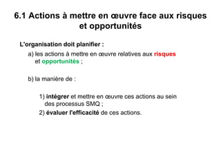 6.1 Actions à mettre en œuvre face aux risques
et opportunités
L'organisation doit planifier :
a) les actions à mettre en œuvre relatives aux risques
et opportunités ;
b) la manière de :
1) intégrer et mettre en œuvre ces actions au sein
des processus SMQ ;
2) évaluer l'efficacité de ces actions.
 