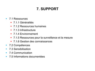 7. SUPPORT
 7.1 Ressources
 7.1.1 Généralités
 7.1.2 Ressources humaines
 7.1.3 Infrastructure
 7.1.4 Environnement
 7.1.5 Ressources pour la surveillance et la mesure
 7.1.6 Gestion des connaissances
 7.2 Compétences
 7.3 Sensibilisation
 7.4 Communication
 7.5 Informations documentées
 