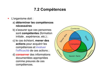 7.2 Compétences
 L'organisme doit :
a) déterminer les compétences
nécessaires
b) s'assurer que ces personnes
sont compétentes (formation
initiale , expérience, etc.) ;
c) le cas échéant, mener des
actions pour acquérir les
compétences et évaluer
l'efficacité de ces actions ;
d) conserver des informations
documentées appropriées
comme preuves de ces
compétences.
 