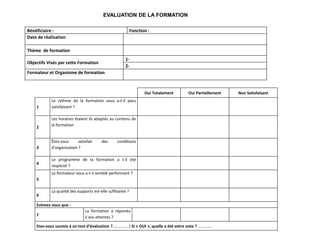 Bénéficiaire : Fonction :
Date de réalisation
Thème de formation
Objectifs Visés par cette Formation
1-
2-
Formateur et Organisme de formation
Oui Totalement Oui Partiellement Non Satisfaisant
1
Le rythme de la formation vous a-t-il paru
satisfaisant ?
2
Les horaires étaient ils adaptés au contenu de
la formation
3
Êtes-vous satisfait des conditions
d’organisation ?
4
Le programme de la formation a t-il été
respecté ?
5
Le formateur vous a-t-il semblé performant ?
6
La qualité des supports est-elle suffisante ?
Estimez vous que :
7
La formation a répondu
à vos attentes ?
Etes-vous soumis à un test d’évaluation ?........…... / Si « OUI », quelle a été votre note ? …………..
EVALUATION DE LA FORMATION
 